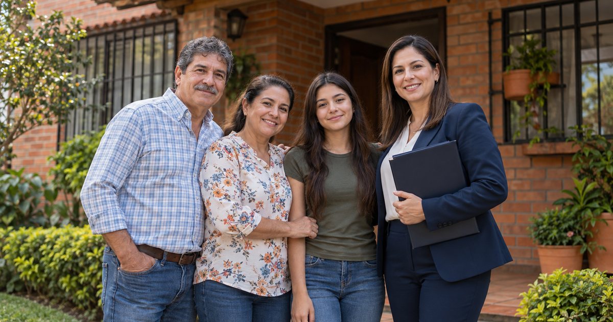 Familia frente a su casa junto a su abogada en un proceso de pertenencia