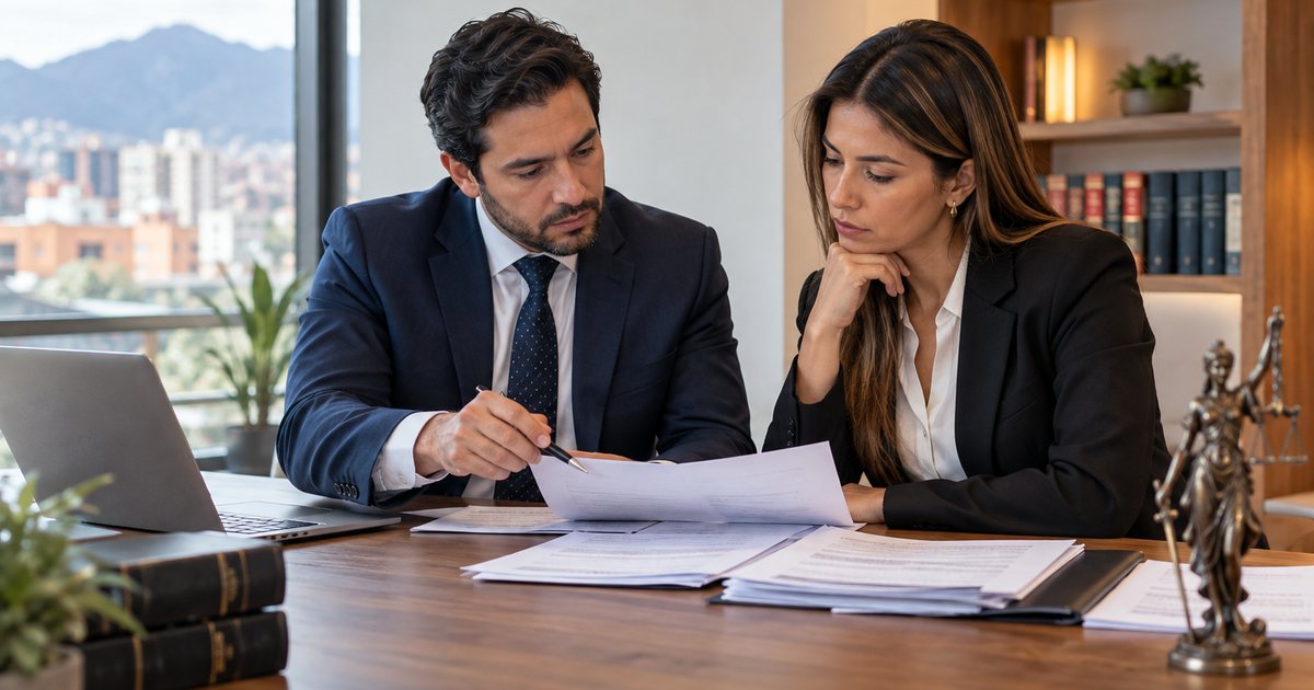 Abogado revisa con una empresaria un pagaré para un proceso ejecutivo