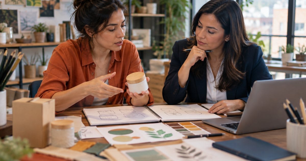 Diseñadora muestra a su abogada los bocetos de su marca