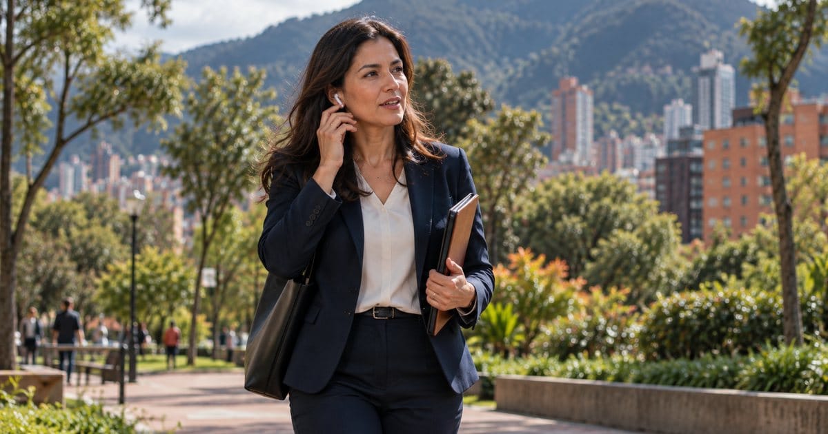 Abogada atiende una consulta por llamada mientras camina por un parque de Bogotá