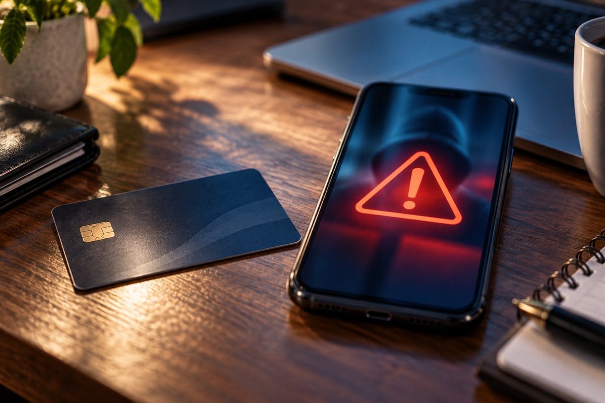 Tarjeta bancaria y celular con una alerta de posible fraude