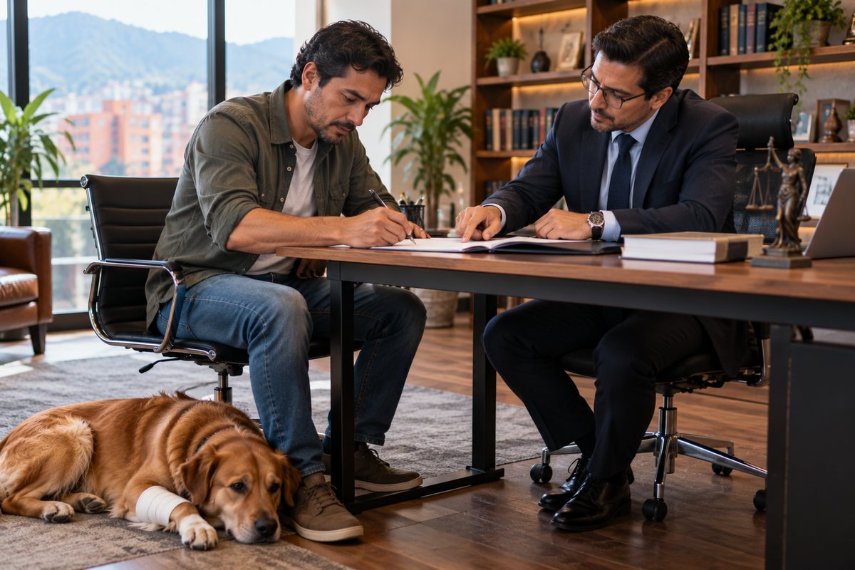Dueño de un perro herido firma documentos con su abogado