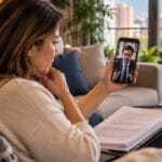 Mujer consulta con un abogado por videollamada desde su celular
