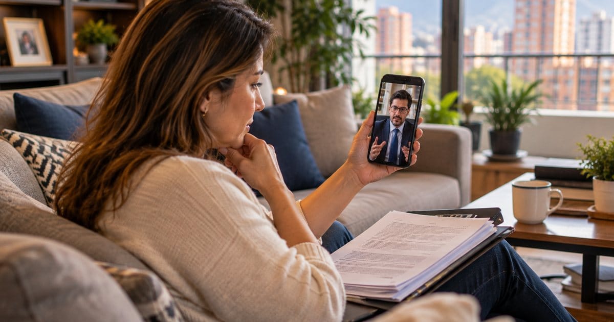 Mujer consulta con un abogado por videollamada desde su celular