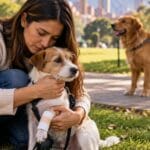 Mujer abraza a su perro herido en un parque de Bogotá tras el ataque de otro perro
