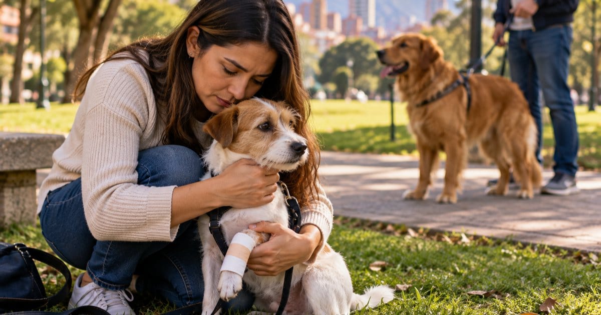 Mujer abraza a su perro herido en un parque de Bogotá tras el ataque de otro perro