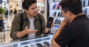 Joven reclama en un local de celulares por un teléfono usado reportado como robado