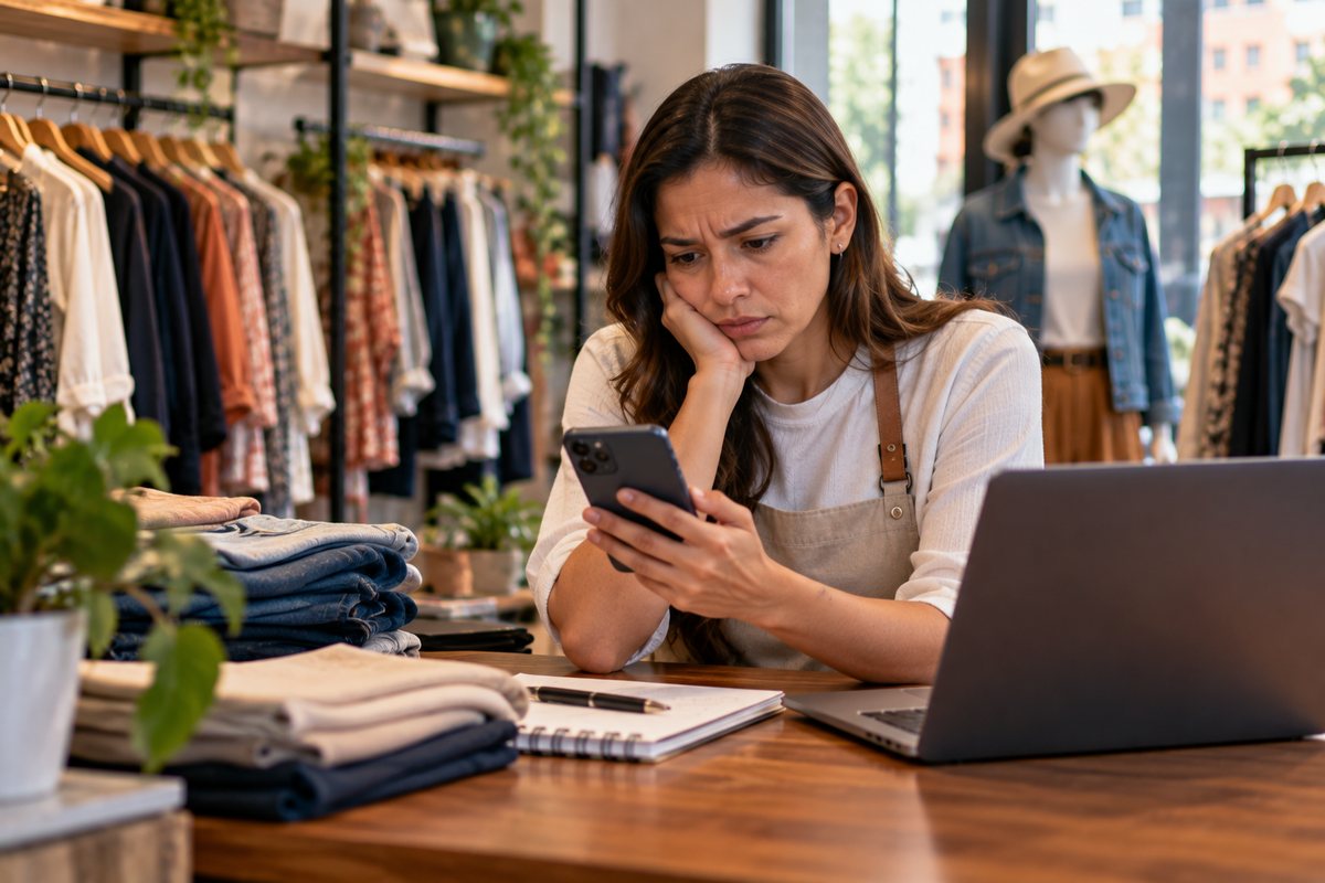 Emprendedora revisa con preocupación su tienda en línea en el celular