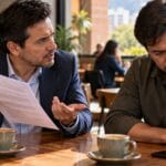 Hombre reclama a su amigo el pago de un préstamo mostrando un pagaré en una cafetería