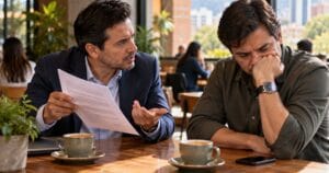 Hombre reclama a su amigo el pago de un préstamo mostrando un pagaré en una cafetería