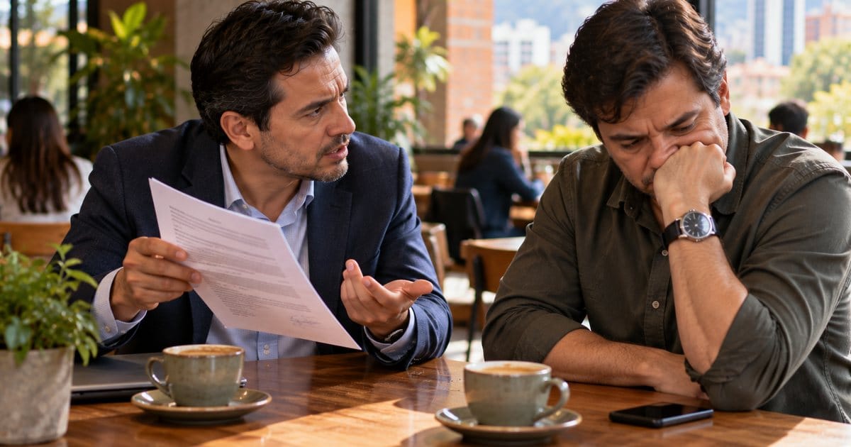 Hombre reclama a su amigo el pago de un préstamo mostrando un pagaré en una cafetería