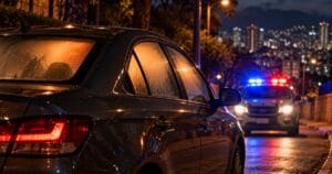 Carro estacionado de noche con las ventanas empañadas mientras se acerca una patrulla