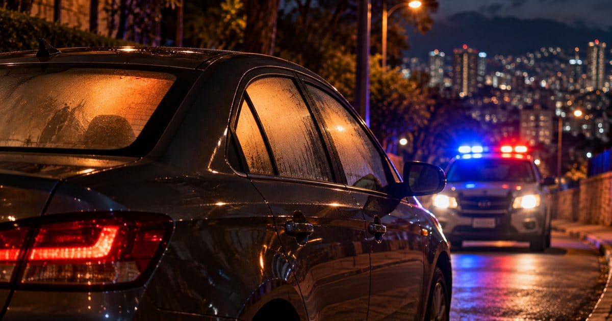 Carro estacionado de noche con las ventanas empañadas mientras se acerca una patrulla