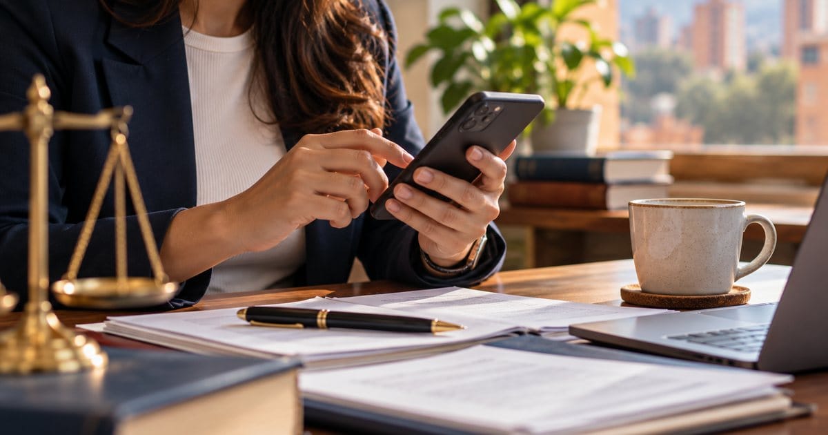 Manos escriben una consulta legal en el celular junto a documentos y una pluma