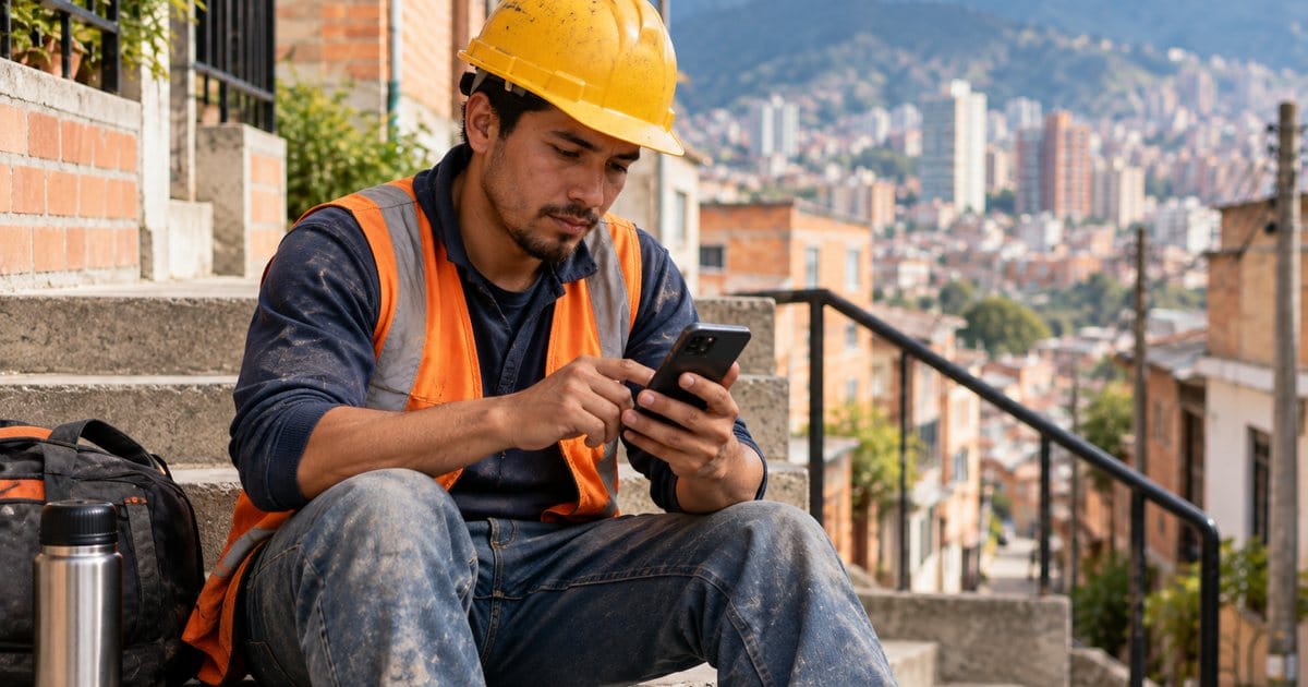 Trabajador de construcción consulta a un abogado desde su celular durante su descanso