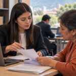 Estudiante de derecho atiende a una señora en un consultorio jurídico