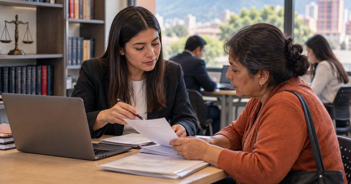 Estudiante de derecho atiende a una señora en un consultorio jurídico