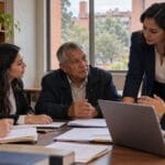 Estudiantes de derecho y su profesora atienden a un ciudadano en un consultorio jurídico universitario de Bogotá
