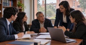 Estudiantes de derecho y su profesora atienden a un ciudadano en un consultorio jurídico universitario de Bogotá