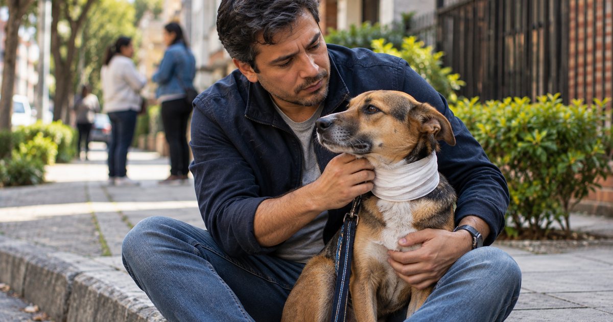 Hombre sostiene a su perro vendado tras el ataque de otro perro en Bogotá