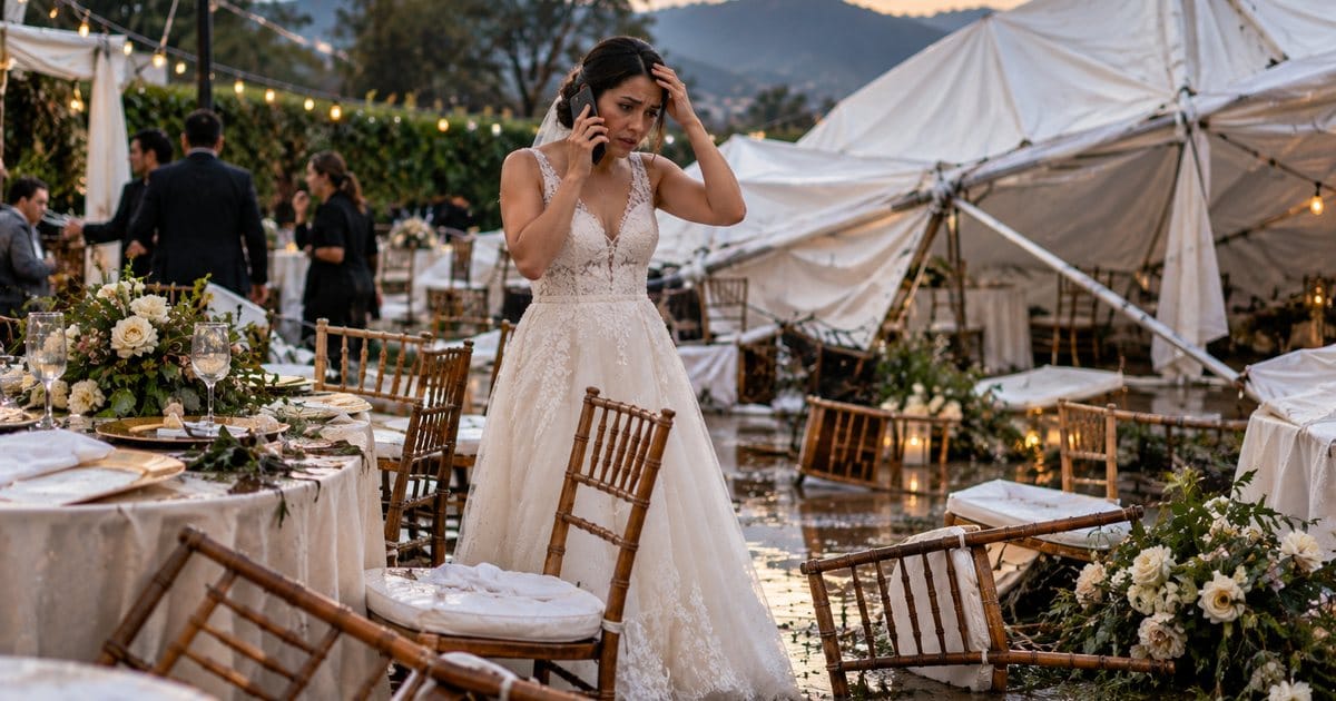 Evento al aire libre arruinado por la lluvia con la carpa caída y la novia preocupada