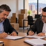 Dos socios firman la disolución de su sociedad en una oficina con cajas de mudanza