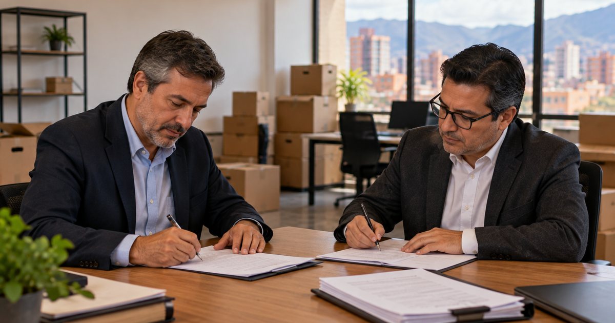 Dos socios firman la disolución de su sociedad en una oficina con cajas de mudanza