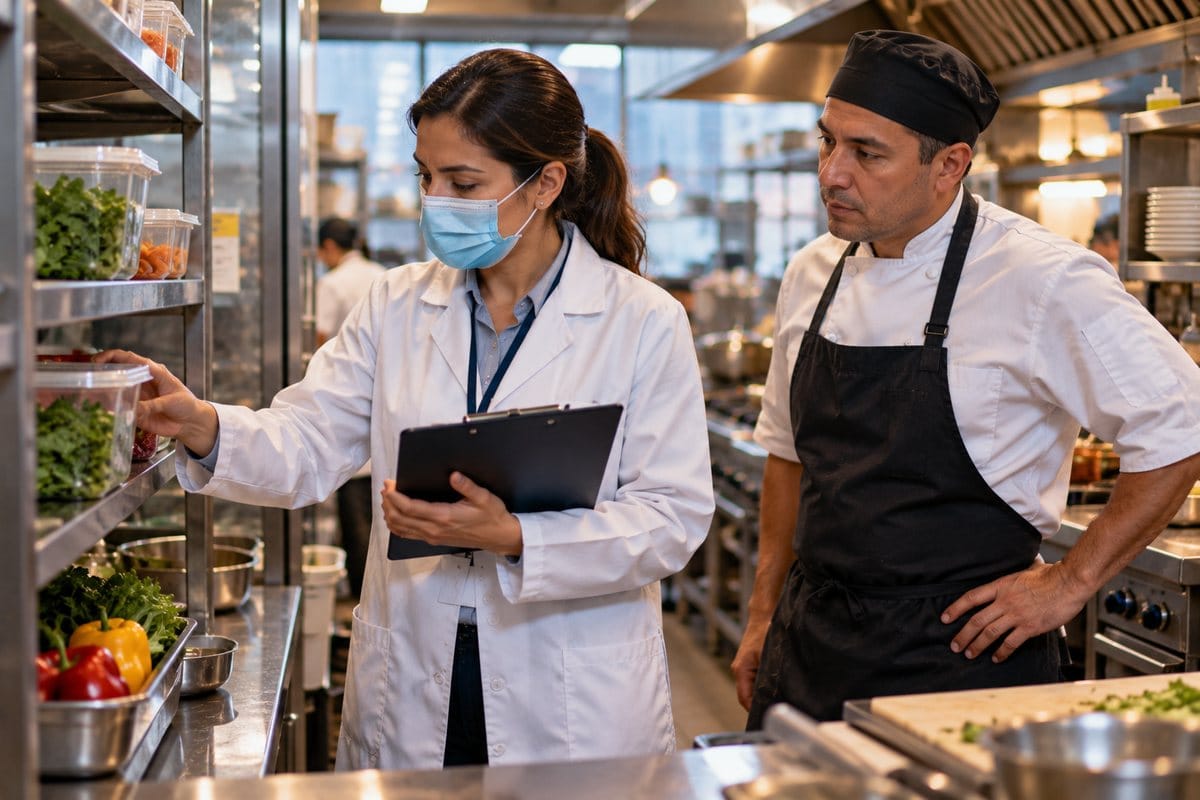 Inspectora de sanidad revisa la cocina de un restaurante en Bogotá