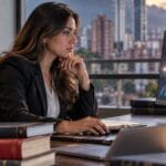 Abogada trabaja con una herramienta de inteligencia artificial en su oficina de Bogotá