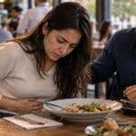 Mujer con malestar estomacal en un restaurante de Bogotá tras una posible intoxicación