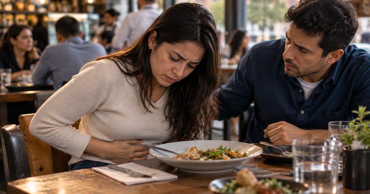 Mujer con malestar estomacal en un restaurante de Bogotá tras una posible intoxicación