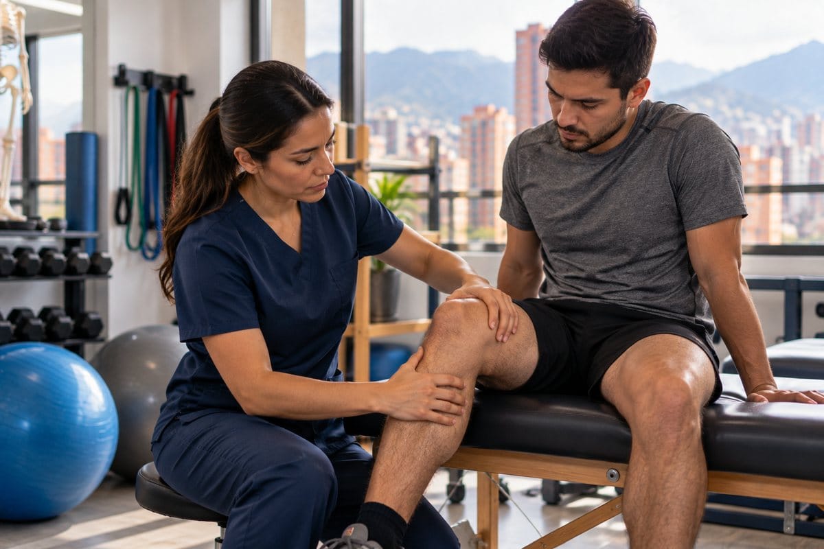 Fisioterapeuta examina la rodilla lesionada de un hombre joven