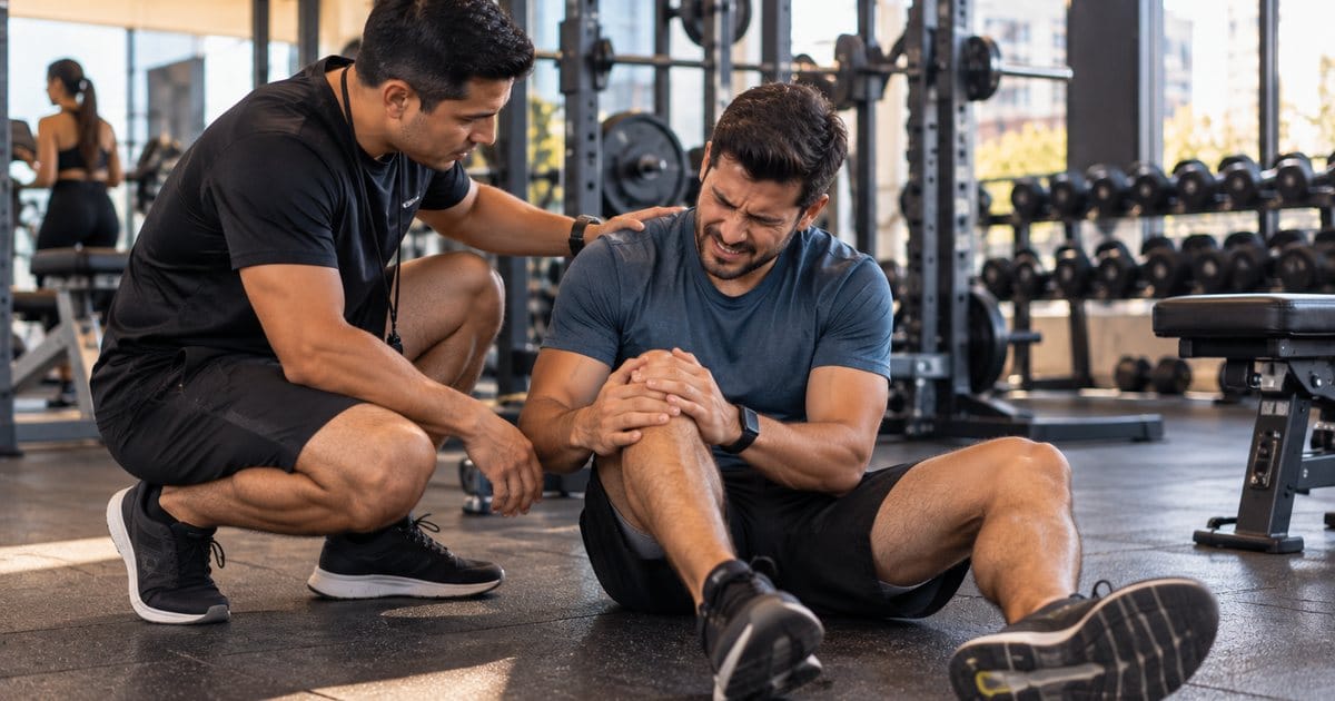Hombre lesionado en un gimnasio recibe ayuda de un entrenador