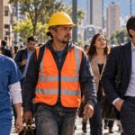 Trabajadores de distintos oficios caminan por una calle de Bogotá