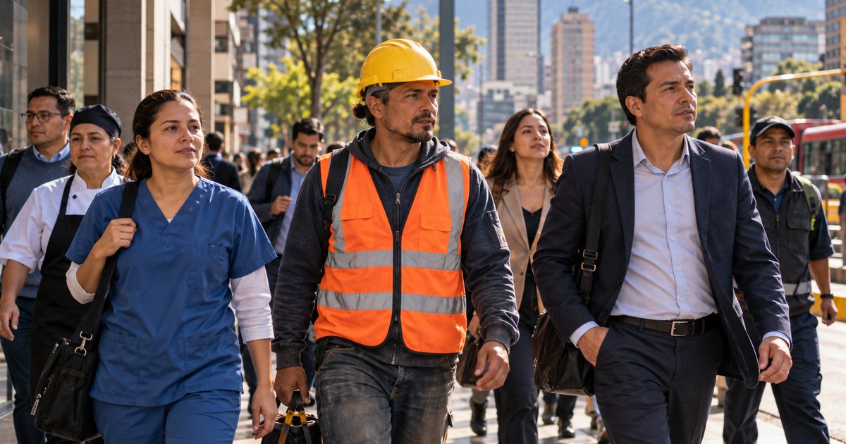 Trabajadores de distintos oficios caminan por una calle de Bogotá