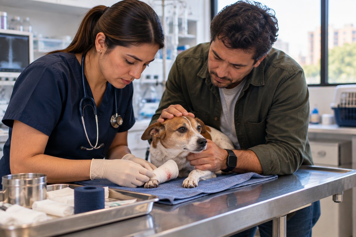 Veterinaria atiende a un perro herido mientras su dueño lo acompaña