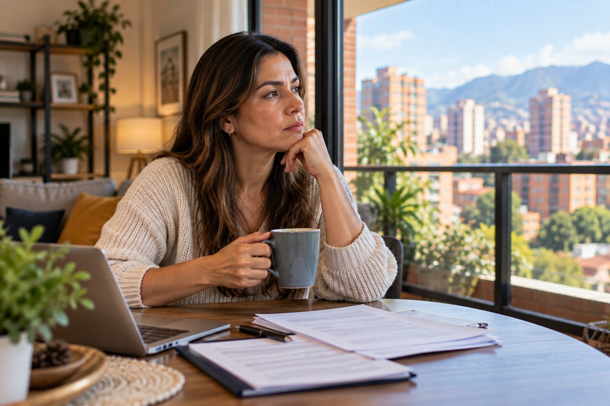 Mujer pensativa junto a la ventana antes de iniciar un proceso de familia