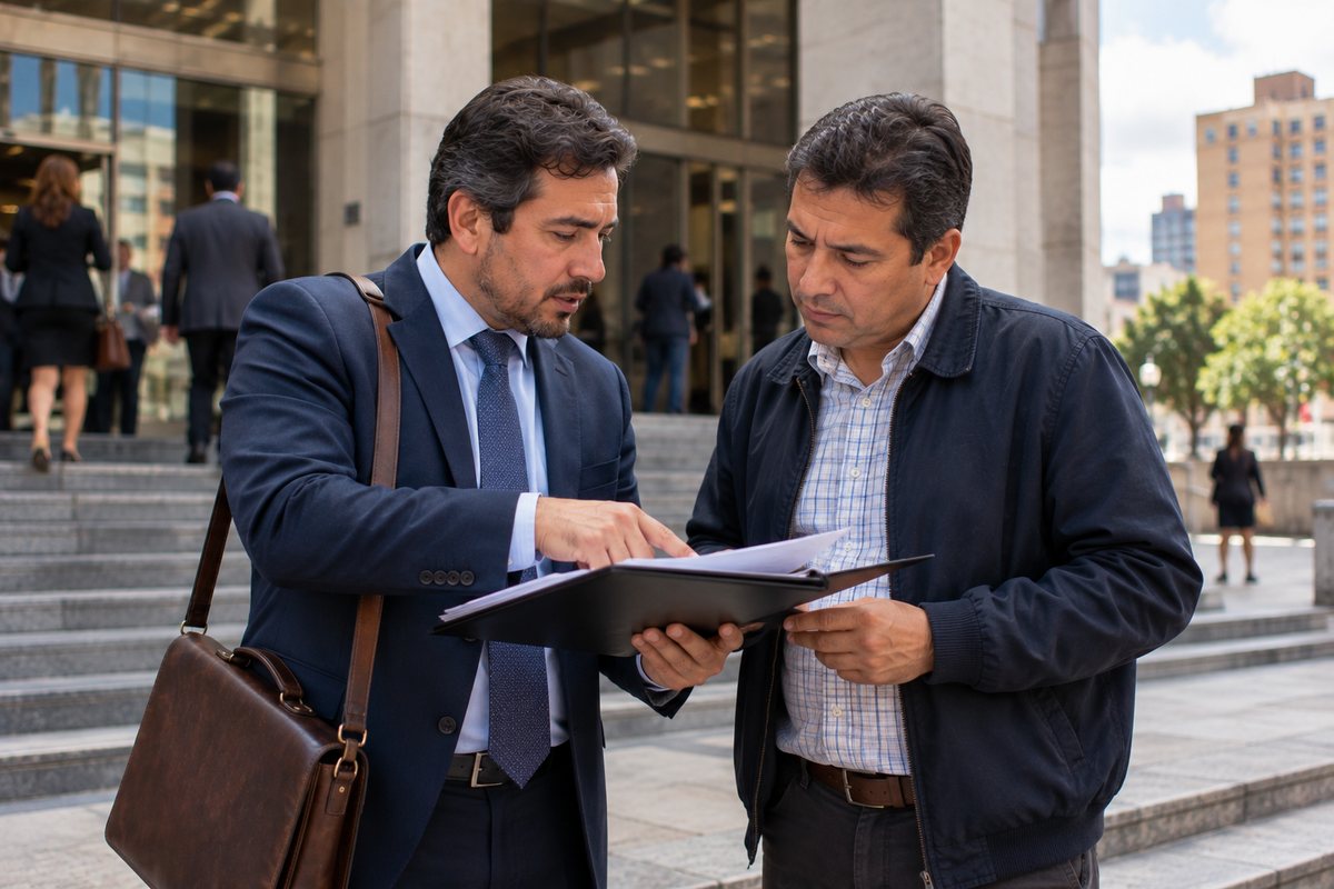 Abogado y propietario conversan a la salida de un juzgado sobre la restitución del inmueble
