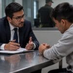 Abogado defensor asesora a un joven capturado en flagrancia en una sala de entrevistas