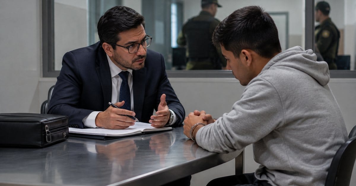 Abogado defensor asesora a un joven capturado en flagrancia en una sala de entrevistas