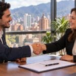 Joven profesional estrecha la mano de la gerente tras firmar su contrato de trabajo