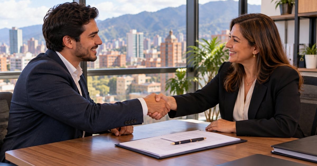 Joven profesional estrecha la mano de la gerente tras firmar su contrato de trabajo