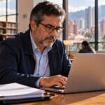 Ciudadano redacta un derecho de petición en su portátil en una biblioteca de Bogotá