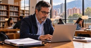 Ciudadano redacta un derecho de petición en su portátil en una biblioteca de Bogotá