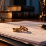 Dos anillos de matrimonio sobre documentos de divorcio y una pluma