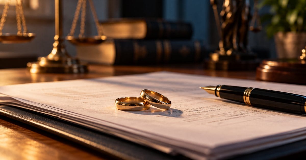 Dos anillos de matrimonio sobre documentos de divorcio y una pluma
