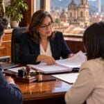 Notaria explica a una familia el trámite de sucesión en una notaría de Bogotá
