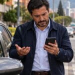 Conductor revisa en su celular un comparendo de tránsito junto a su carro en Bogotá