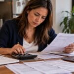 Trabajadora calcula su liquidación laboral con calculadora y desprendibles de pago