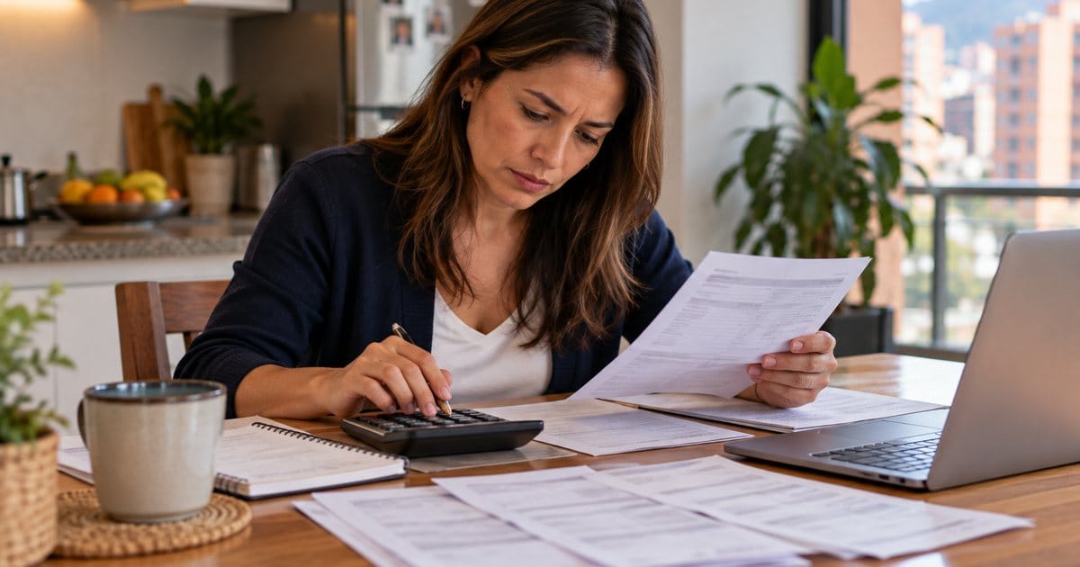Trabajadora calcula su liquidación laboral con calculadora y desprendibles de pago